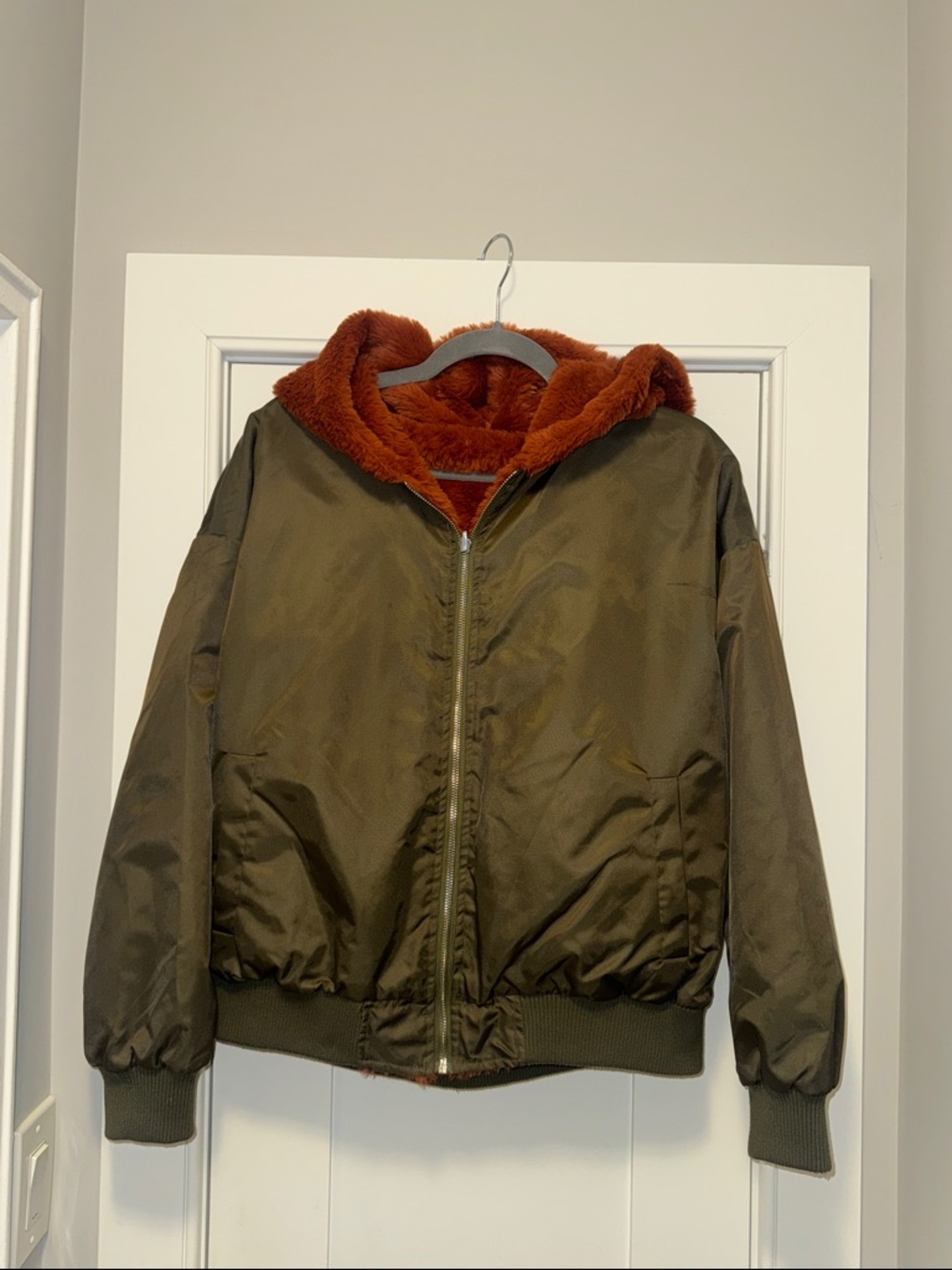 Olive Green Bomber Jacket with Rust Faux Fur Hood